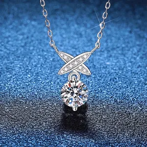 Collier en Argent Sterling S925 Avec Moissanite Élégant Pendentif Nœud Papillon Croisé pour Femme Bijoux de Personnalité Cadeau