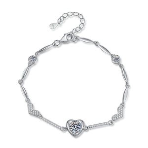 Bracelet coeur en argent S925 avec pierre Moissanite couleur D et chaîne à billes