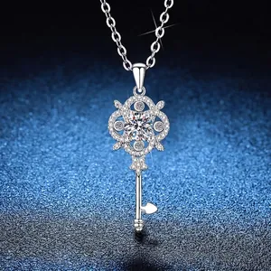 S925 Sterling Silver Moissanite Key Pendant Necklace For Women Luxury Crown Key Chain Jewelry With GRA Certificate