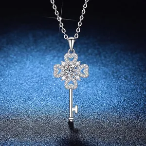 925 Sterling Silver Moissanite Necklace For Women Exquisite Lucky Clover Key Pendant Rhinestone Heart Jewelry Romantic Gift