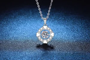 Detailed view of S925 sterling silver heart pendant necklace with dancing moissanite stone