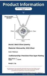 Détail du pendentif trèfle en argent S925 avec moissanite 1ct et dimensions du produit