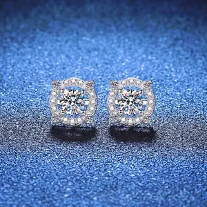 Dancing moissanite crown earrings in S925 sterling silver with halo cubic zirconia