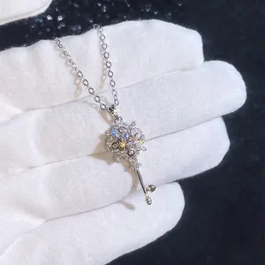 S925 Sterling Silver Key Pendant Necklace with Sparkling Moissanite Stone for Women