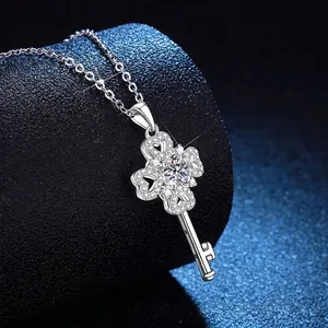 S925 sterling silver four-leaf clover key necklace with moissanite in a premium finish
