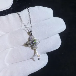 S925 sterling silver clover key necklace with sparkling moissanite stones and zircon