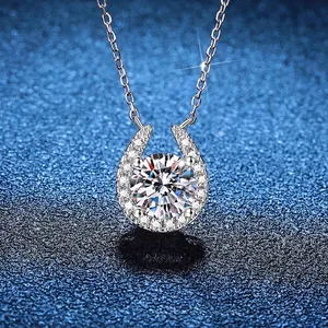925 Sterling Silver Horseshoe Moissanite Pendant Necklace For Women U-Shaped Lucky Pave Rhinestone Clavicle Chain Jewelry
