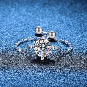Adjustable 925 Sterling Silver Chain Ring With Round Moissanite Elegant Minimalist Jewelry For Women Daily Fashion Accessories Gift