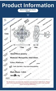 Detailed size specifications of S925 sterling silver four-leaf clover moissanite earrings