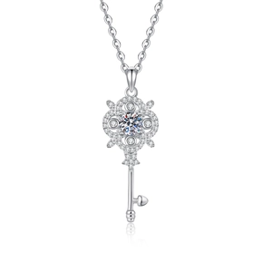 S925 sterling silver key pendant necklace with moissanite main stone on white background
