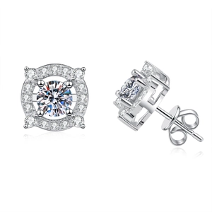 S925 sterling silver moissanite crown stud earrings with halo design in white gold finish