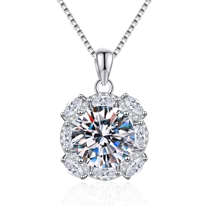 Luxury 10 carat round moissanite pendant necklace with silver box chain on white background