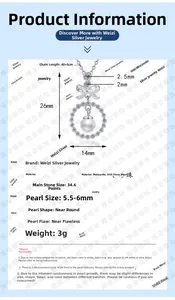 Detail view of S925 silver bow pendant with moissanite and 6mm freshwater pearl