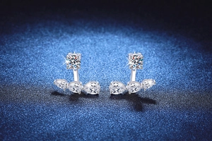 Macro shot of S925 sterling silver moissanite stud earrings with a pear-cut fan drop detail