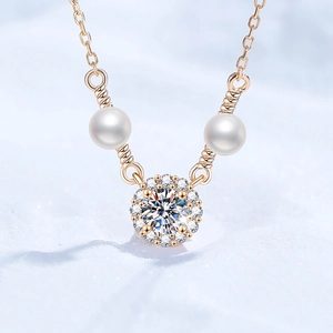 S925 Sterling Silver Moissanite Freshwater Pearl Pendant Necklace For Women Elegant Champagne Gold Plated Halo Design Fashion Jewelry