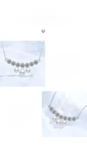 Close-up of S925 silver necklace featuring five moissanite stones and three freshwater pearls