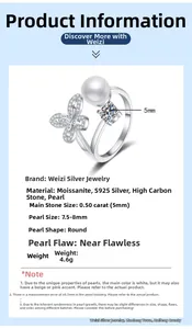 Détails de la bague réglable en argent S925 avec moissanite 5mm et perle d'eau douce 7,5mm