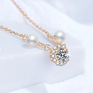 S925 sterling silver necklace with freshwater pearls and moissanite pendant on white background
