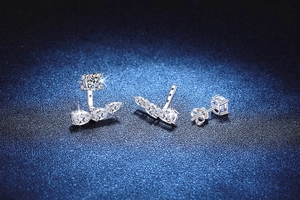 Detailed macro view of S925 sterling silver moissanite stud earring with detachable jacket