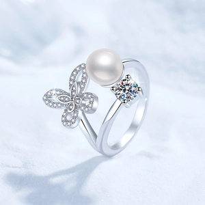 Bague en Moissanite en Argent Sterling S925 pour Femme Papillon en Perle d'Eau Douce Naturelle Bague Ouverte Réglable de Luxe