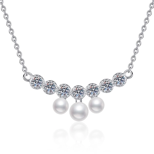 S925 sterling silver smile necklace with sparkling moissanite and three white pearls