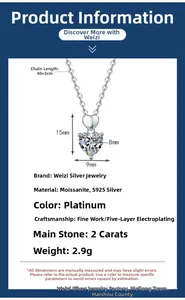 Detail view of 925 sterling silver heart necklace with 2ct moissanite pendant specs