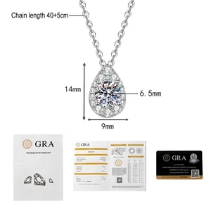 Vue détaillée du pendentif goutte moissanite 1ct avec chaîne S925 et certificat GRA