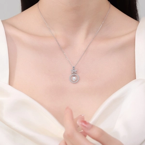 S925 silver necklace with bow pendant, moissanite and round freshwater pearl for women