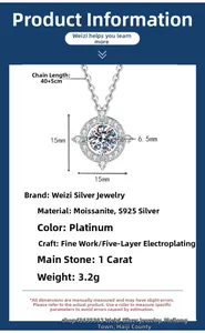 Detail showing 1ct moissanite halo pendant dimensions and S925 silver specifications