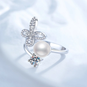 Bague en argent sterling S925 avec papillon, perle d'eau douce et pierre moissanite