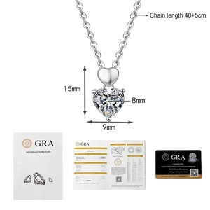 Macro detail of heart-cut moissanite silver necklace with GRA certificate and dimensions