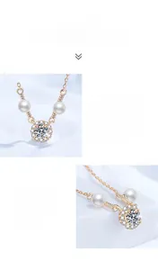 Macro detail of rose gold pendant with natural freshwater pearls and moissanite flower