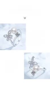 Détails de la bague papillon en argent S925 avec perle d'eau douce et moissanite fine