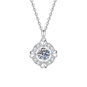 S925 sterling silver heart necklace with a round moissanite pendant on white background