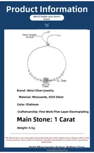 Détails des spécifications du bracelet en argent S925 et moissanite avec tailles et matériaux