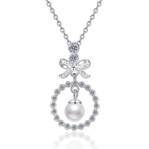 Elegant S925 sterling silver bow necklace with moissanite accents and round freshwater pearl