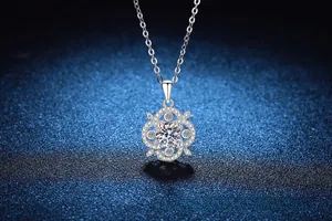 Macro shot of S925 sterling silver four-leaf clover pendant with moissanite center stone
