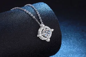 Macro detail of 925 sterling silver Saturn pendant with sparkling moissanite stone