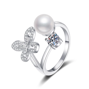 Bague papillon en argent sterling S925 avec perle d'eau douce et moissanite