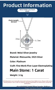 Detailed specifications of 1ct Moissanite pendant necklace with S925 silver dimensions