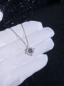 Macro shot of 925 sterling silver Saturn pendant featuring a brilliant D-color moissanite