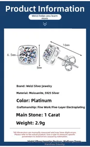 Detail specifications of S925 sterling silver moissanite stud earrings showing 1ct size data