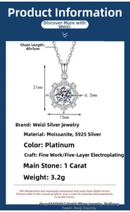 Macro shot of 1ct moissanite snowflake necklace in S925 silver with dimension labels