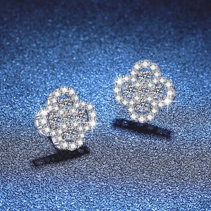 Elegant S925 sterling silver four-leaf clover stud earrings with sparkling pavé diamonds