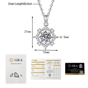 Detailed view of hexagonal snowflake moissanite necklace with its GRA certificate