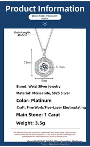 Macro view of S925 silver Moissanite necklace with detailed pendant size measurements