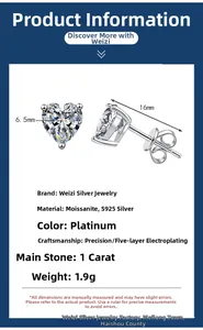 Detailed view of heart-shaped 1ct moissanite stud earring in s925 silver with dimensions