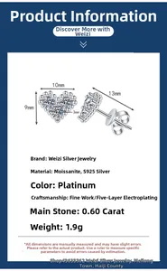 Detailed size specifications for S925 silver heart moissanite stud earrings