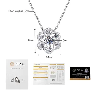 Collier pendentif fleur en moissanite argent 925 avec certificat GRA et dimensions