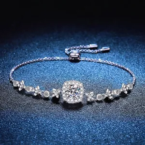 Luxueux Bracelet en Argent Sterling S925 avec Moissanite pour Femme Halo Carré Étoile Lune Bracelet Réglable Bijoux